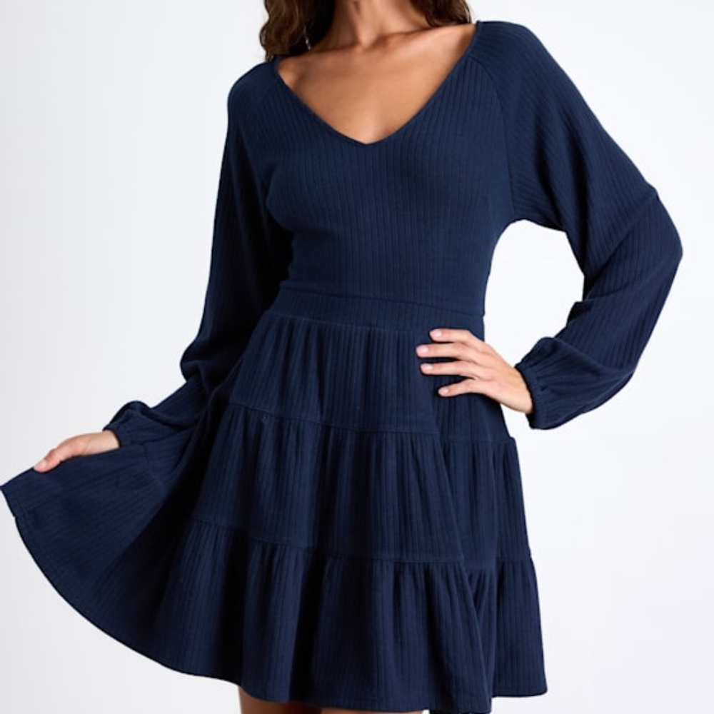 Lulus Adorable Option Dark Navy Long Sleeve Mini Sweater Dress Blue - Size XS